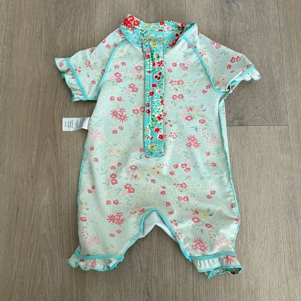 Charm Leaks Baby Swimsuit Romper Zipper 12-18 months Blue Floral Print UPF 50+